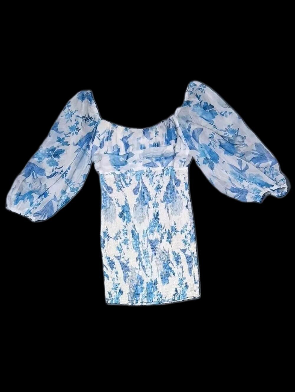 Hello Molly Body Con Mini Dress Womens Size M/6 White And Blue Flowers Ruched...